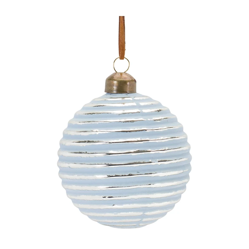 3" Ribbed Blue & White Glass Ball Ornament Set