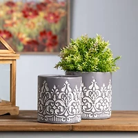 Gray Ornate Metal Planter Set