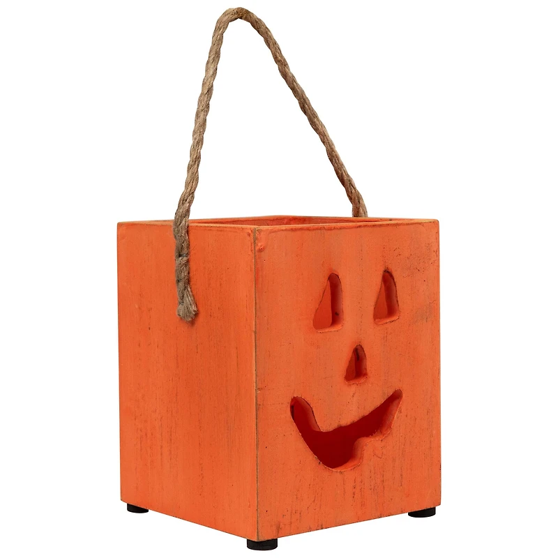 6" Orange Wood Jack-O-Lantern Halloween Candle Lantern