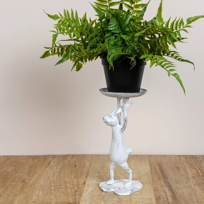 Hello Honey® 11" Whitewash Finish Cast Iron Rabbit Pillar Candle Holder