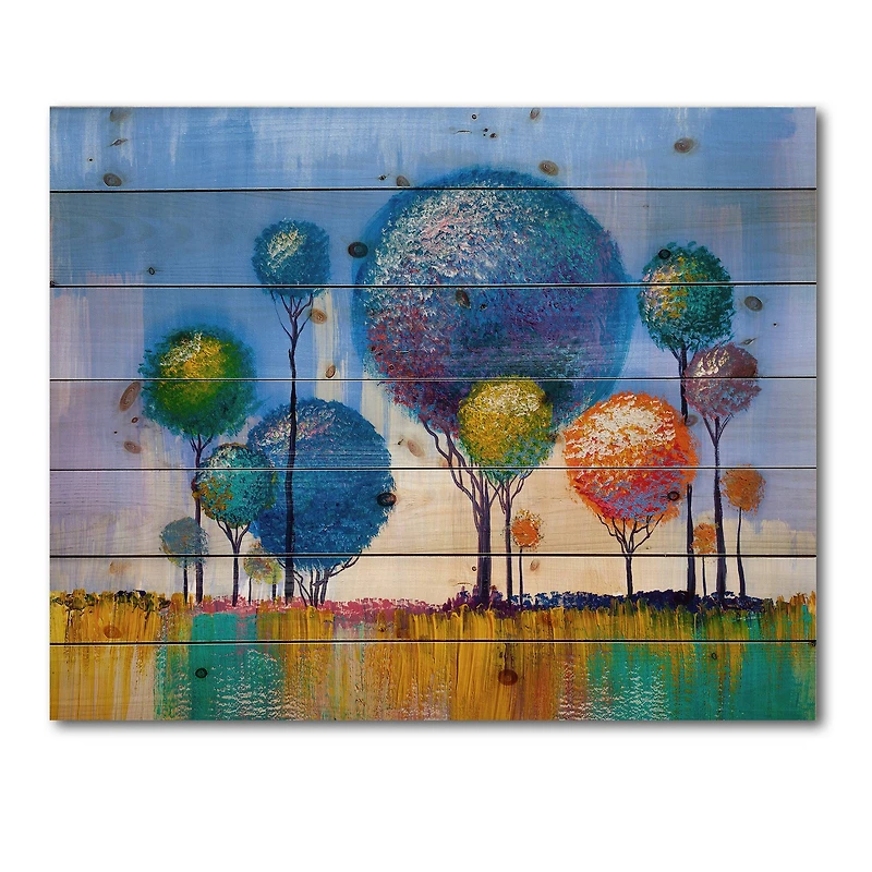 Designart - Colourful Trees Impressionist Landscape I - Modern Print on Natural Pine Wood
