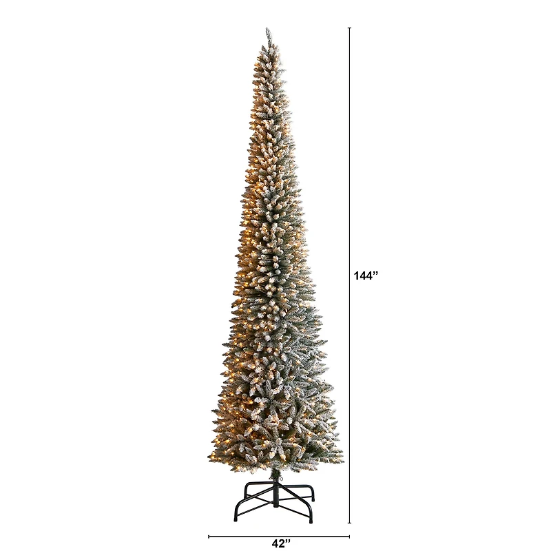 12ft. Pre-Lit Flocked Artificial Pencil Christmas Tree, Clear Lights