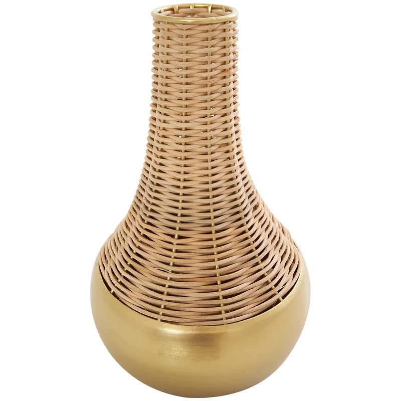 11" Brown & Gold Rattan Handmade Woven Vase