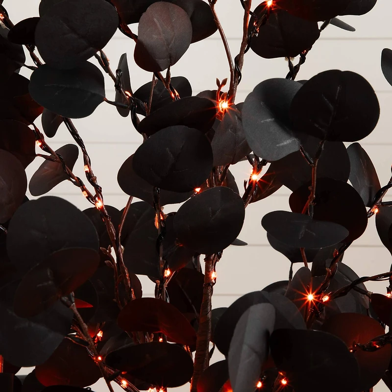 6ft. Pre-Lit Artificial Halloween Black Eucalyptus Tree with 300 Orange & Purple LED Lights