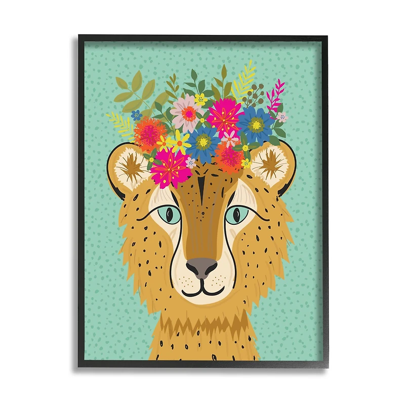 Stupell Industries Floral Crown Cheetah Spotted Fur Playful Animal in Frame Wall Art