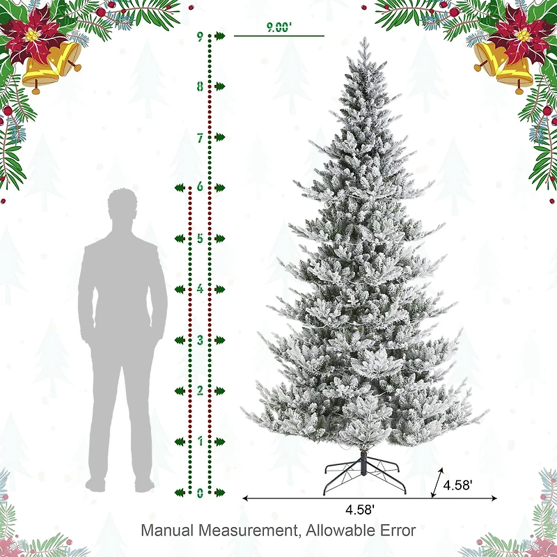 Glitzhome® 9ft Pre-Lit Flocked Upward Slim Fir Artificial Christmas Tree, Warm White LED Lights