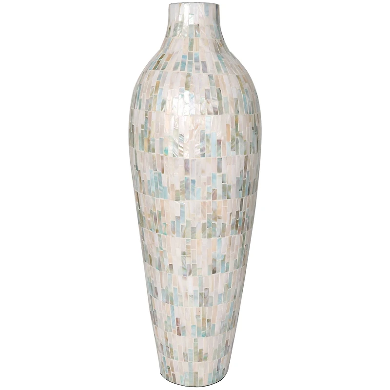 28" White Mother of Pearl Handmade Mosaic Inspired Vase with Pastel Blue & Pink Accents