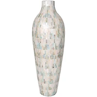 28" White Mother of Pearl Handmade Mosaic Inspired Vase with Pastel Blue & Pink Accents