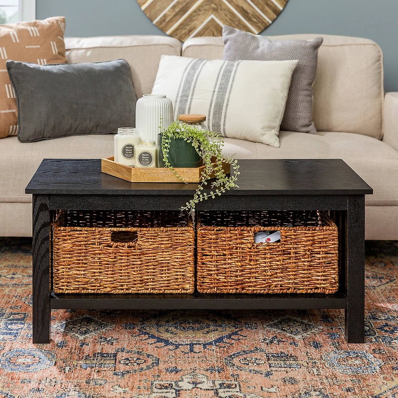 Walker Edison 40" Black Mission Storage Coffee Table with Baskets