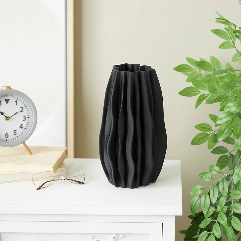 Black Abstract Dimensional Wavy Ribbed Ceramic Vase