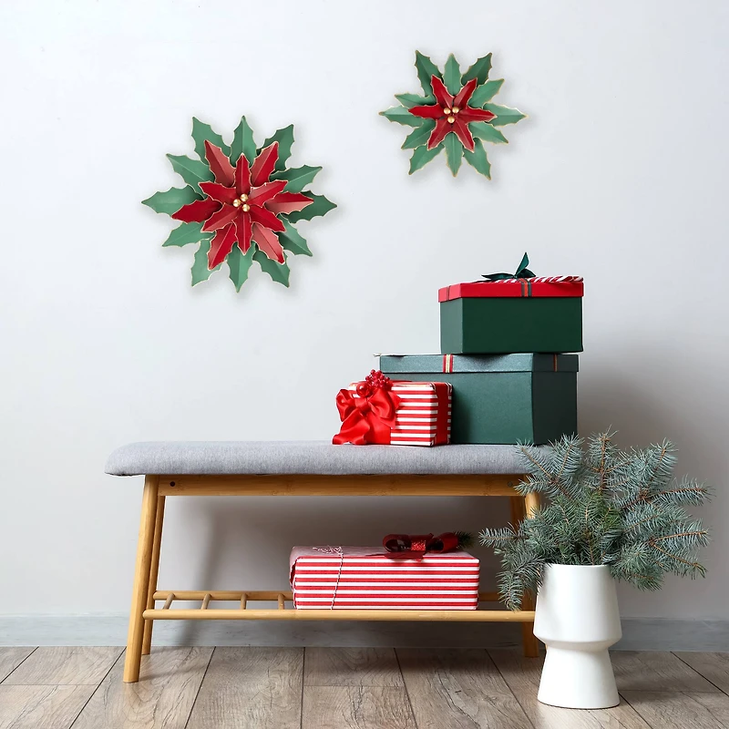 16.25" Large Red and Green Metal Poinsettia Christmas Wall Hanging