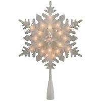 10" Lighted White Frosted Stacked Snowflake Christmas Tree Topper, Clear Lights
