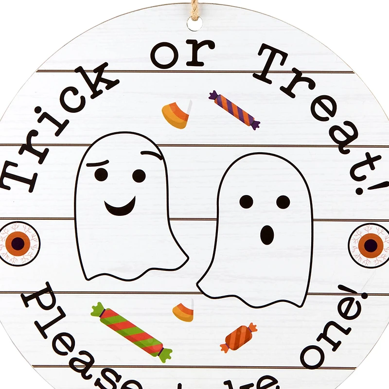 12" White Hanging Double-Sided Trick or Treat/Out of Candy Round Plank Sign