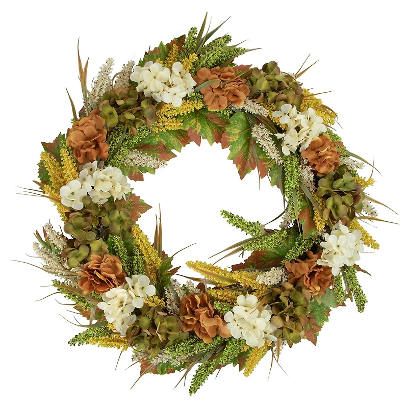 28" White & Orange Hydrangea Artificial Fall Harvest Twig Wreath