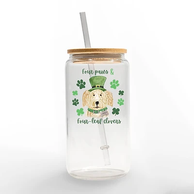 16oz. Four Paws Four Leaf Clover Glass Can Cup