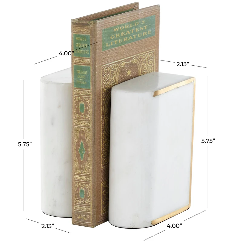 White Marble Curved Rectangular Decorative Bookends with Gold Accents Set