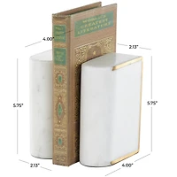 White Marble Curved Rectangular Decorative Bookends with Gold Accents Set