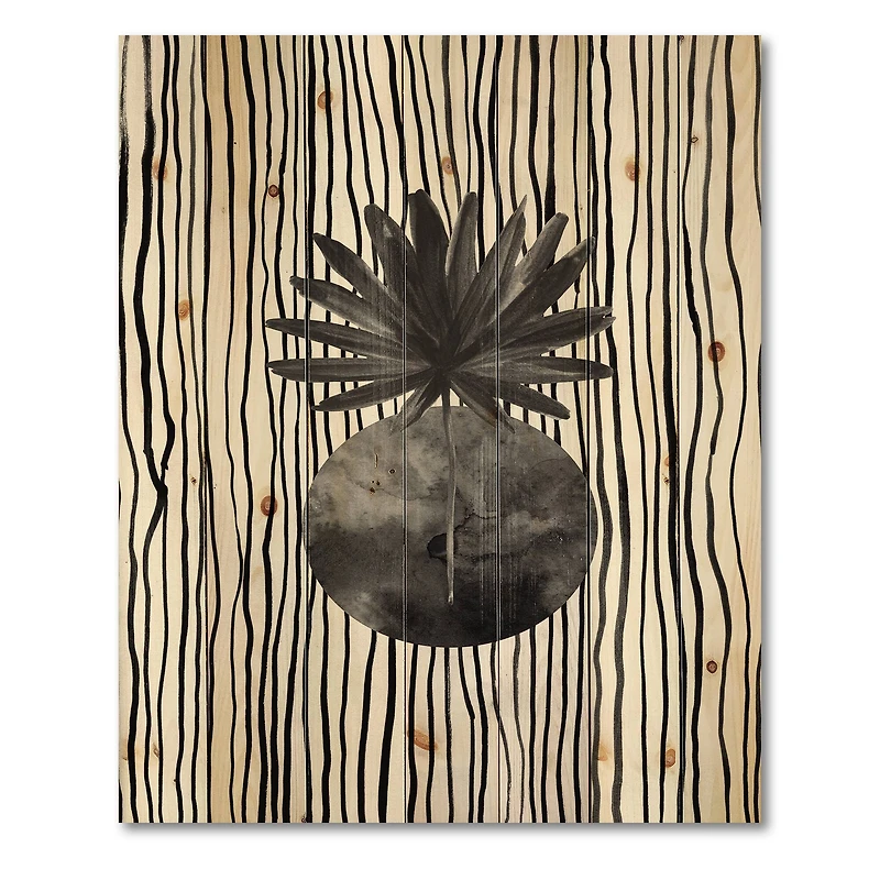 Designart - Black and White Tropical Leaf On Striped I