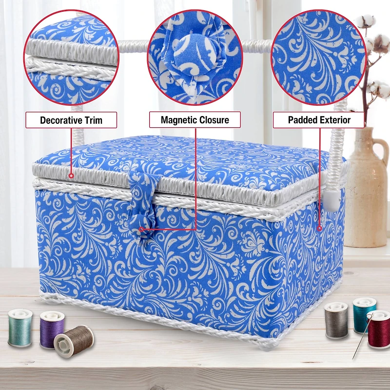 SINGER® Large Blue Deliah Scroll Print Sewing Basket with Sewing Scissors & Notions