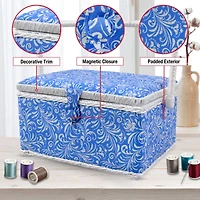 SINGER® Large Blue Deliah Scroll Print Sewing Basket with Sewing Scissors & Notions