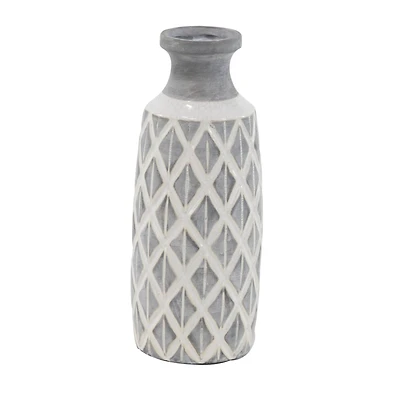 Coastal Gray And White Ceramic Jar Vase With Criss Cross Pattern, 16" x 6" x 6"