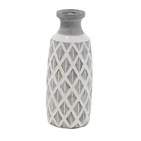Coastal Gray And White Ceramic Jar Vase With Criss Cross Pattern, 16" x 6" x 6"