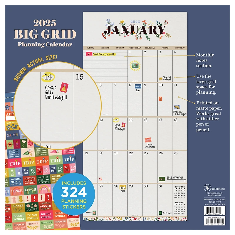 TF Publishing 2025 Big Grid Floral Wall Calendar