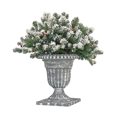 24" Feel Real® Snowy Sheffield Spruce Porch Bush in Silver Brushed Plastic Urn