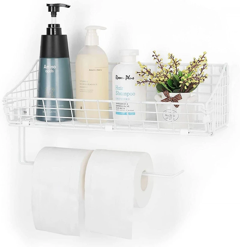 NEX™ 16" White Wall Mounted Wire Basket Shelf & Paper Roll Holder