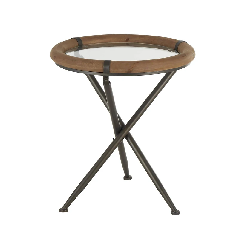 22.25" Brass Metal Round Accent Table with Wooden Framed Glass Tabletop