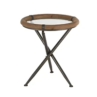 22.25" Brass Metal Round Accent Table with Wooden Framed Glass Tabletop