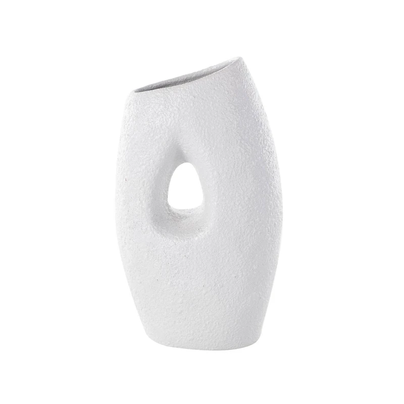 15" White Ceramic Abstract Textured Vase with Cutout Center