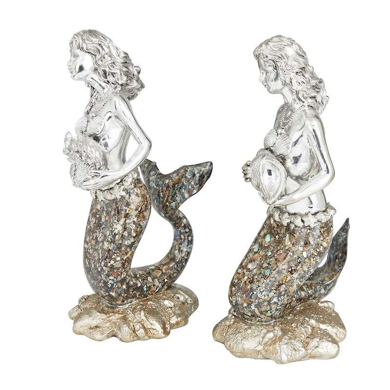 Set of 2 Silver Polystone Coastal Sculptures, 11" x 4" x 6"
