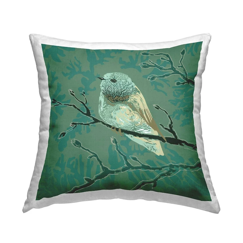 Stupell Industries Green Perched Finch Bird Branch Pattern Throw Pillow, 18" x 18"