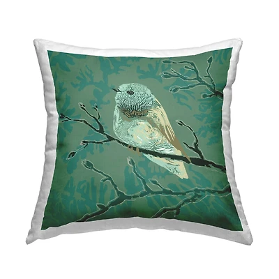 Stupell Industries Green Perched Finch Bird Branch Pattern Throw Pillow, 18" x 18"