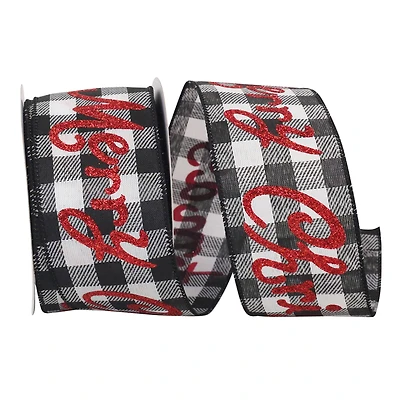 JAM Paper 2.5" x 20yd. Black & White Merry Christmas Glitter Check Wired Ribbon