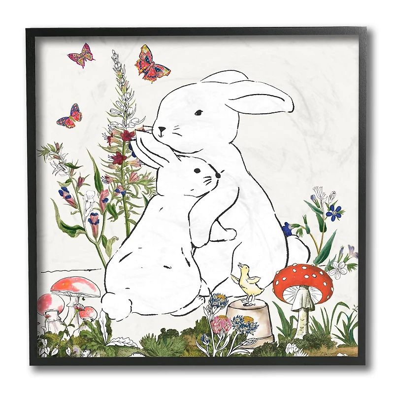 Stupell Industries Rabbit Hugs in Spring Meadow Wall Art in Black Frame