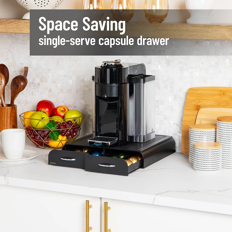 Mind Reader Single Serve Coffee Pod Organizer with 2 Drawers, Compatible with 20 Vertuoline (7.77 fl oz) or 72 Original Nespresso (1.35 fl oz) capsules, Black