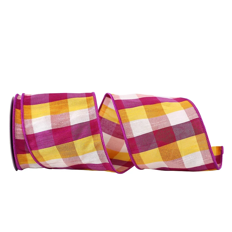 JAM Paper 4" x 10yd. Pink & Yellow Afternoon Plaid Dupioni Wired Ribbon