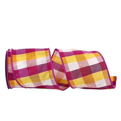 JAM Paper 4" x 10yd. Pink & Yellow Afternoon Plaid Dupioni Wired Ribbon