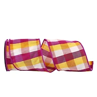 JAM Paper 4" x 10yd. Pink & Yellow Afternoon Plaid Dupioni Wired Ribbon
