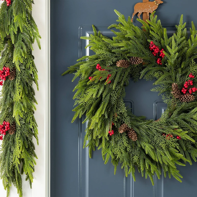 Glitzhome® 24"D Christmas PE Wreath with Pinecones and Red Berries
