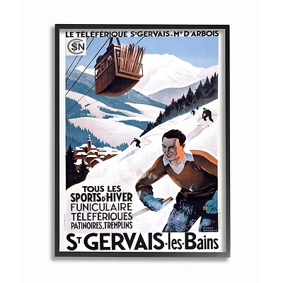 Stupell Industries Mountain Skiing Vintage Illustration Advertisement Black Framed Wall Art