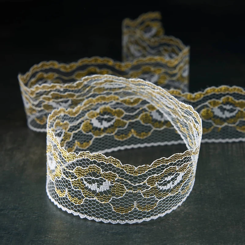 1.25'' x 3 yd. White and Gold Lace Trim Ribbon by Celebrate It®