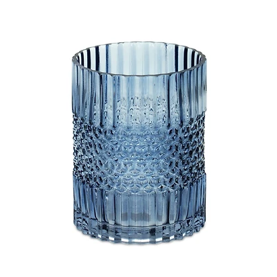 8" Blue Ribbed Glass Vase or Candle Holder