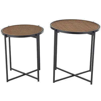 Black Metal & Woven Rattan Accent Table Set