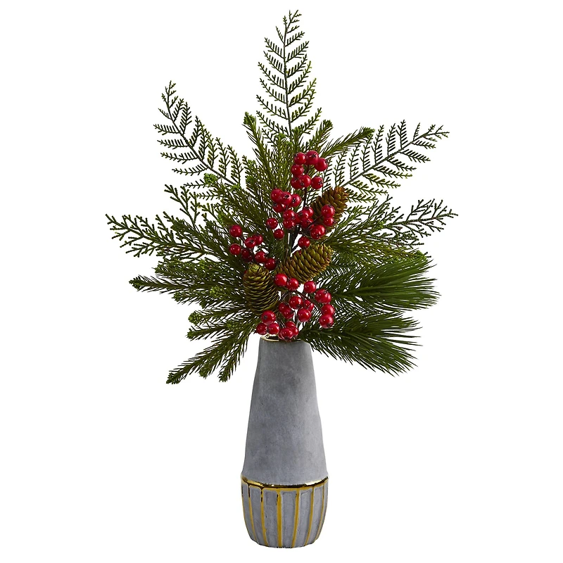 24" Mixed Pine, Pinecone & Berry Arrangement in Stoneware Vase