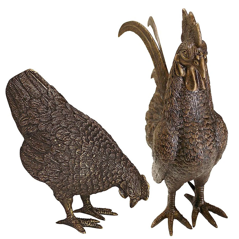 Design Toscano Barnyard Rooster & Hen Solid Cast Bronze Garden Statue Set