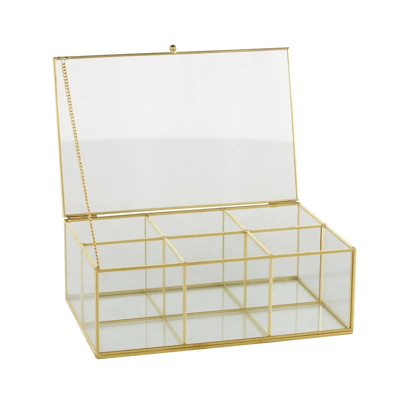 10" x 7" x 4" Clear & Gold 6-Slot Glass & Metal Jewelry Box with Chain Accent