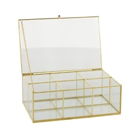 10" x 7" x 4" Clear & Gold 6-Slot Glass & Metal Jewelry Box with Chain Accent
